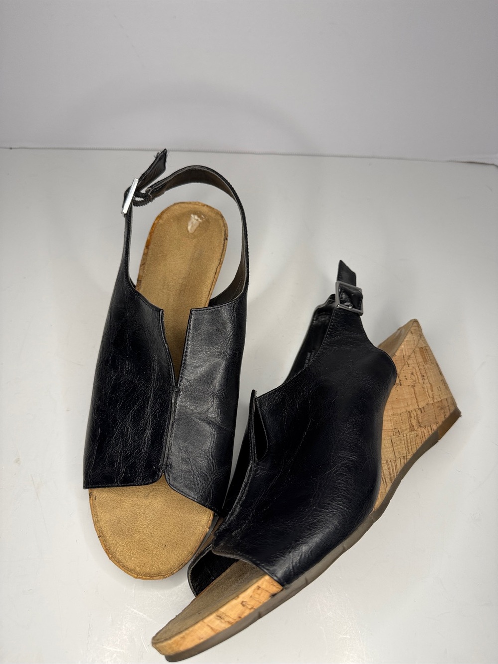AEROSOLES Black Leather Slingback Cork Wedges